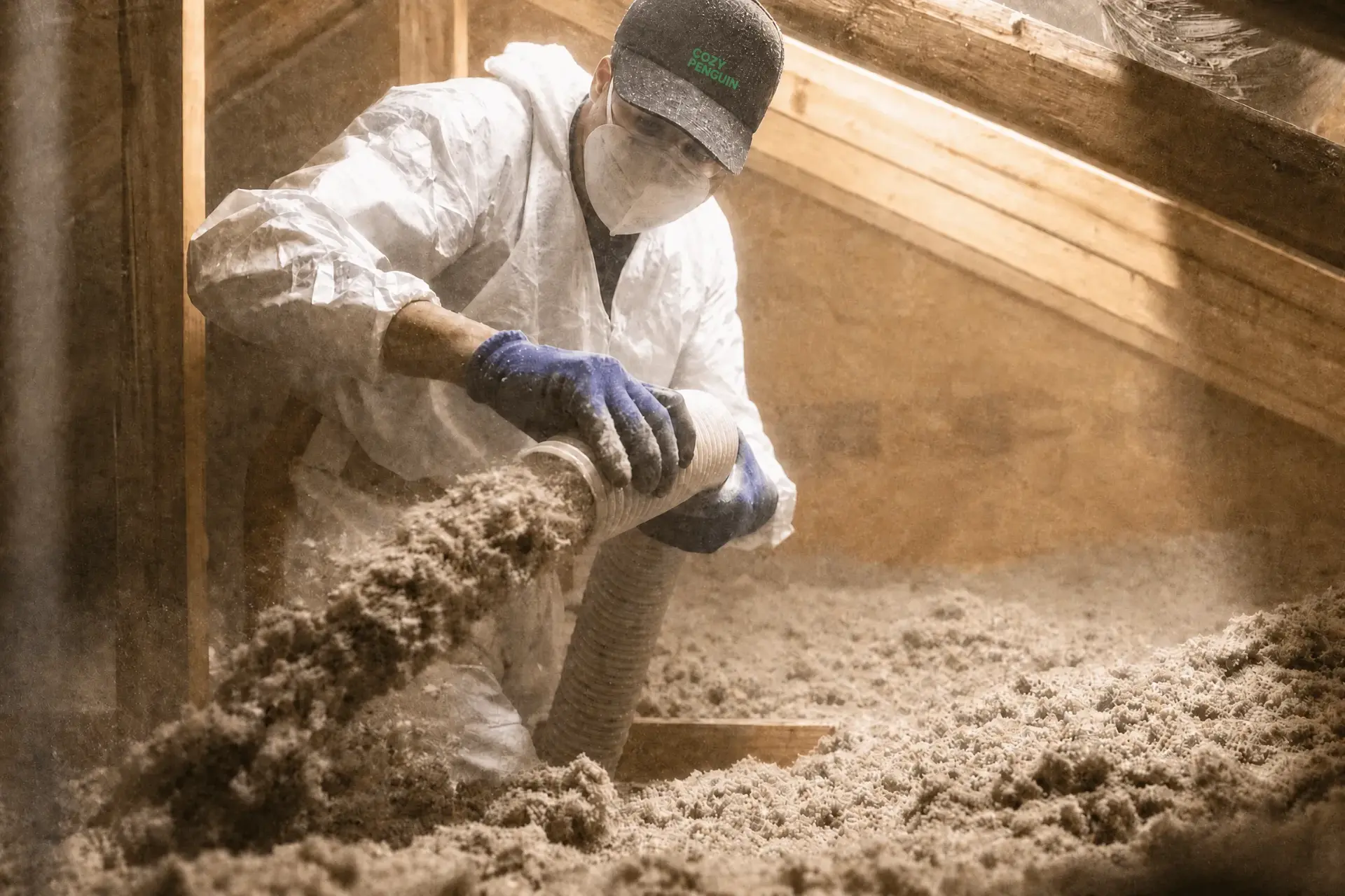 Cozy Penguin technician installing blown-in insulation in an attic